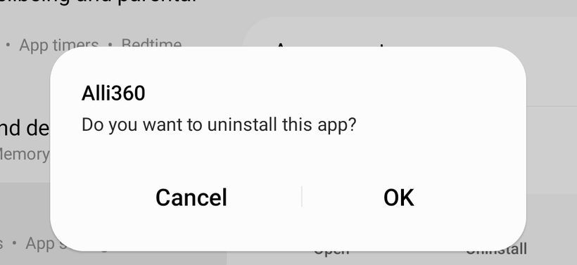 Диалог Android «Удалить это приложение?» для Alli360