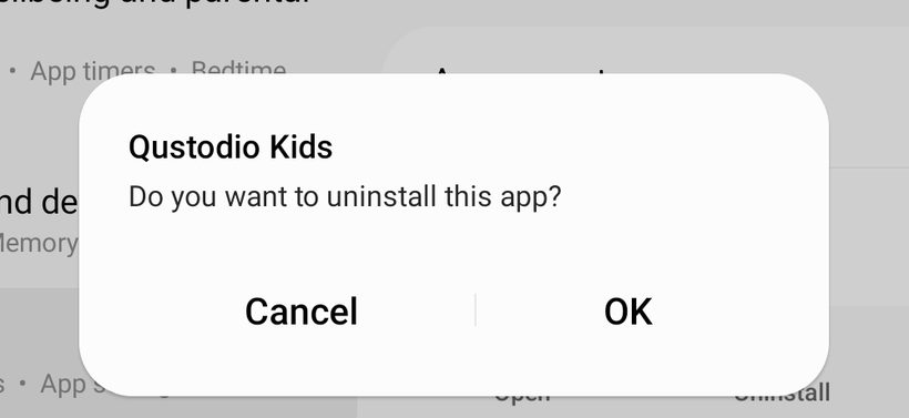 Диалог Android «Удалить это приложение?» для Qustodio Kids