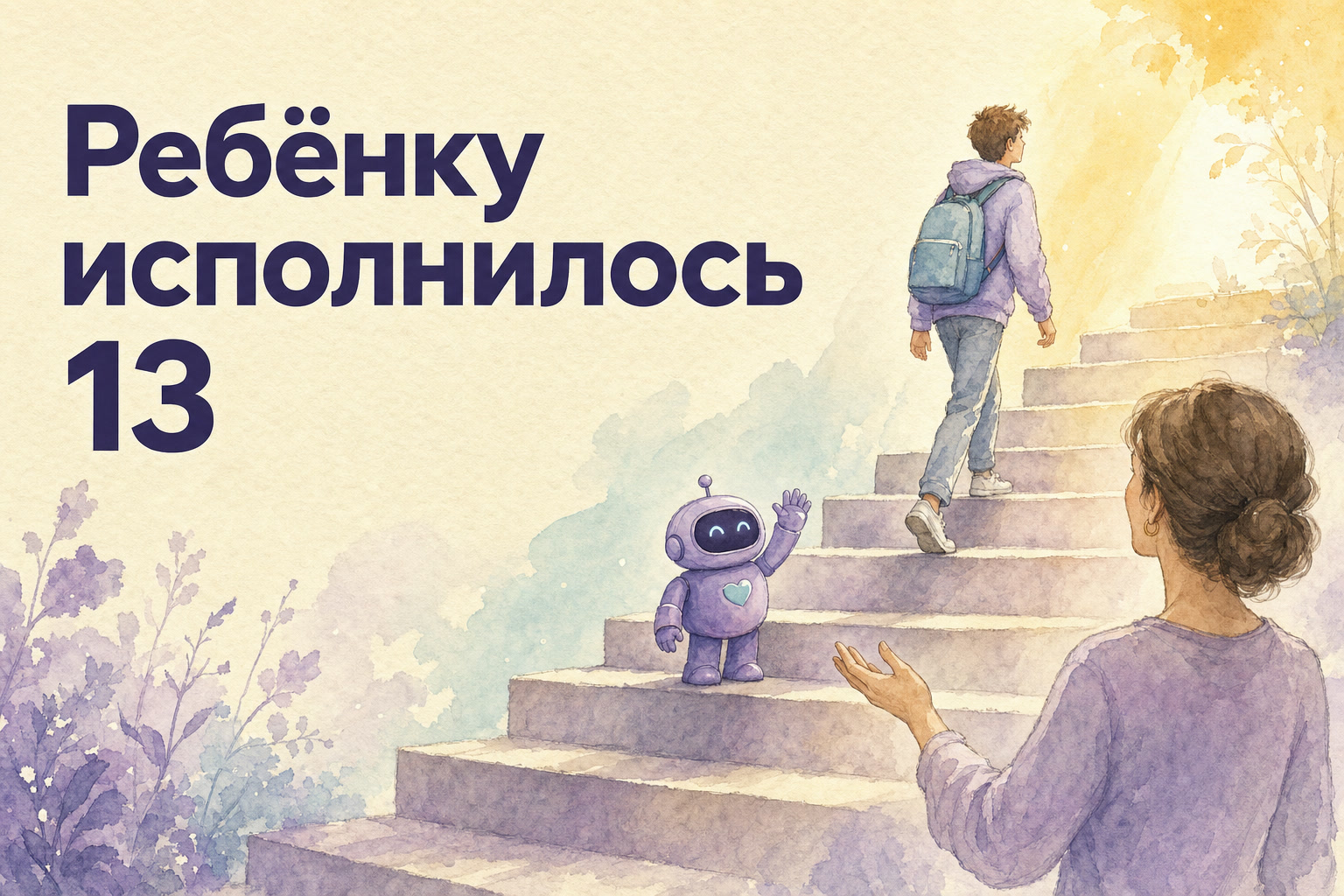 Подросток с рюкзаком поднимается по лестнице к свету, родитель отпускает его снизу; маскот Gardion машет со ступеньки