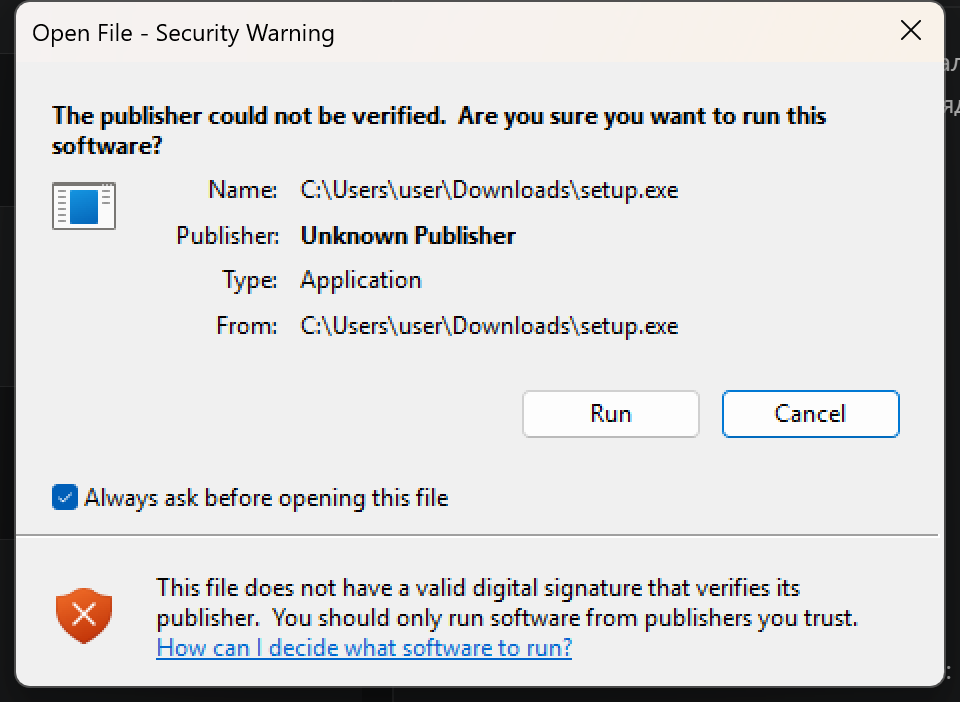 Окно Windows с предупреждением о неподтверждённом издателе и кнопками Run и Cancel